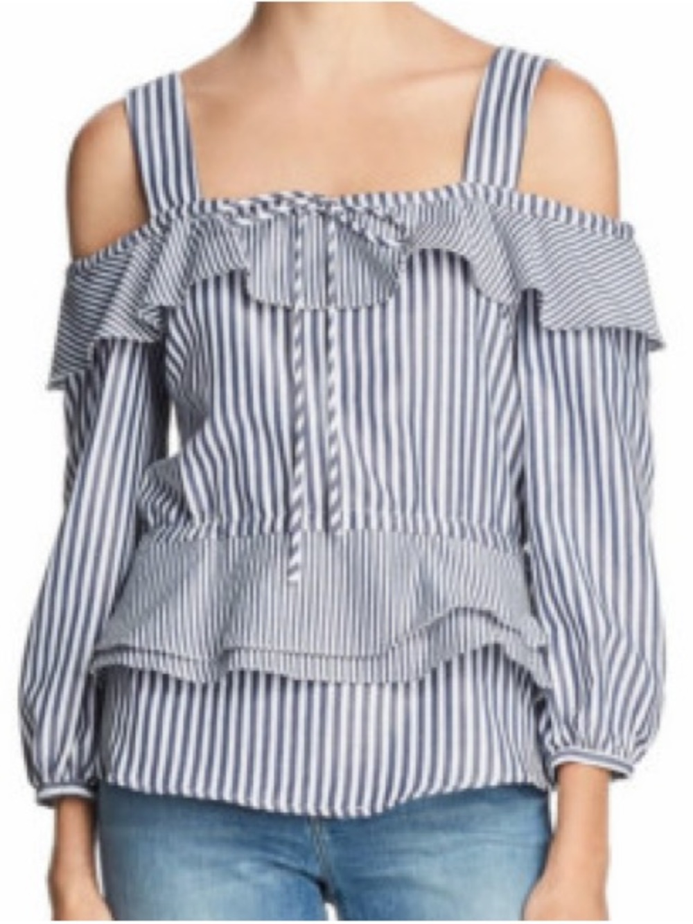 Endless Rose 100% Cotton Navy White Off Shoulder 3/4 Sleeve Peplum Top XS NWOT